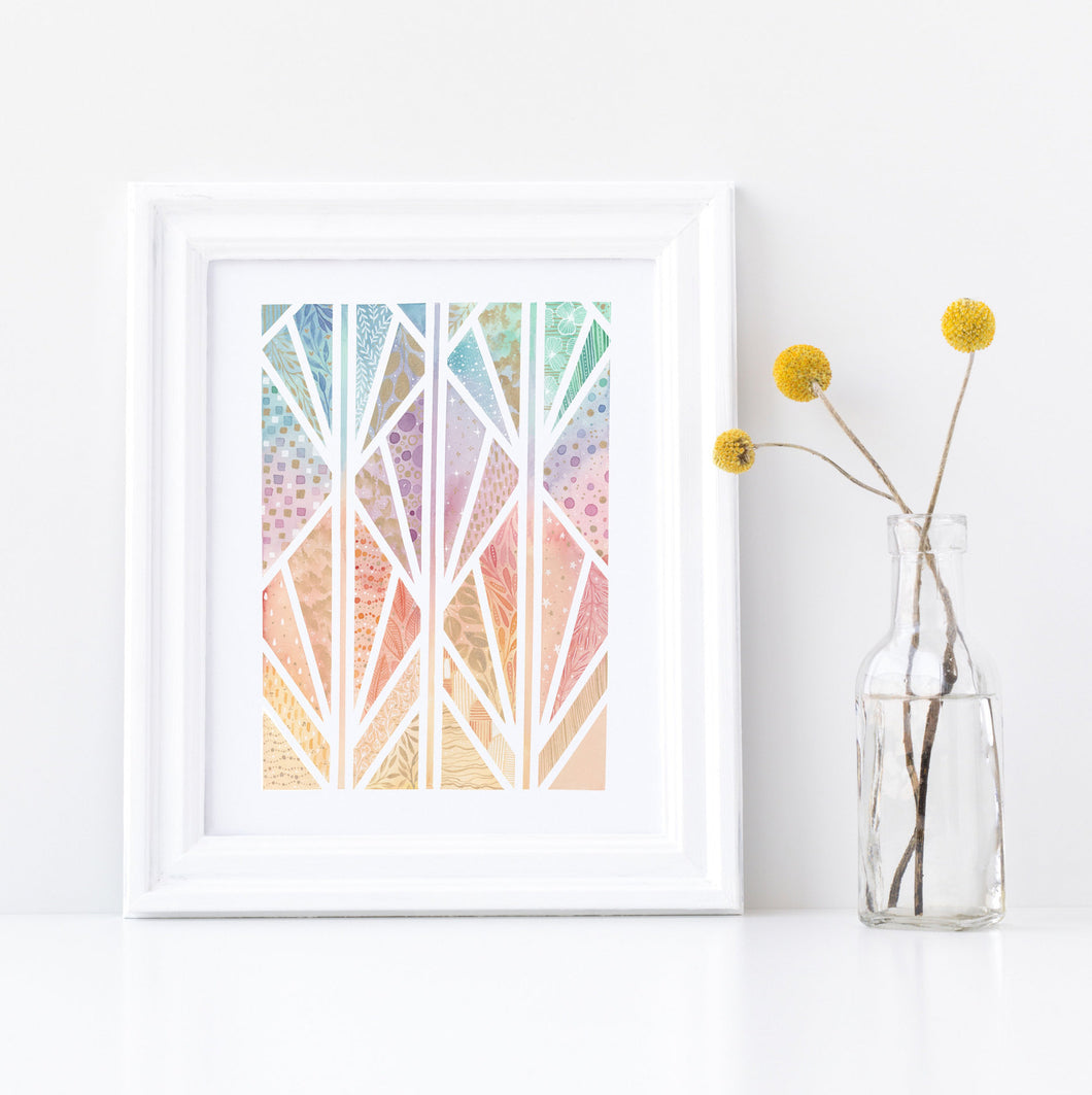 Rainbow Gates Geometric Watercolor Print 8x10