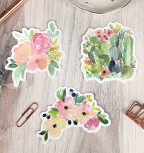 Load image into Gallery viewer, Set of 3 Watercolor Flowers and Cacti Vinyl Sticker 3&quot;
