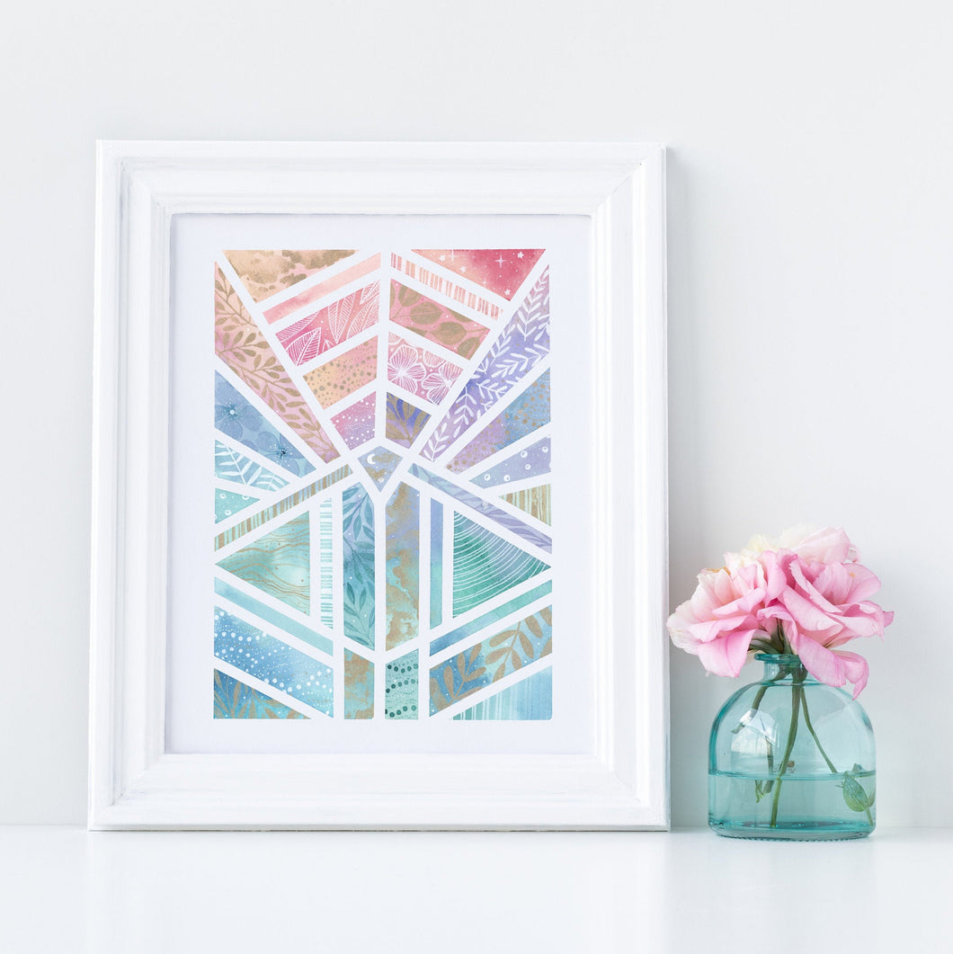 Geometric Twilight Watercolor Print 8x10